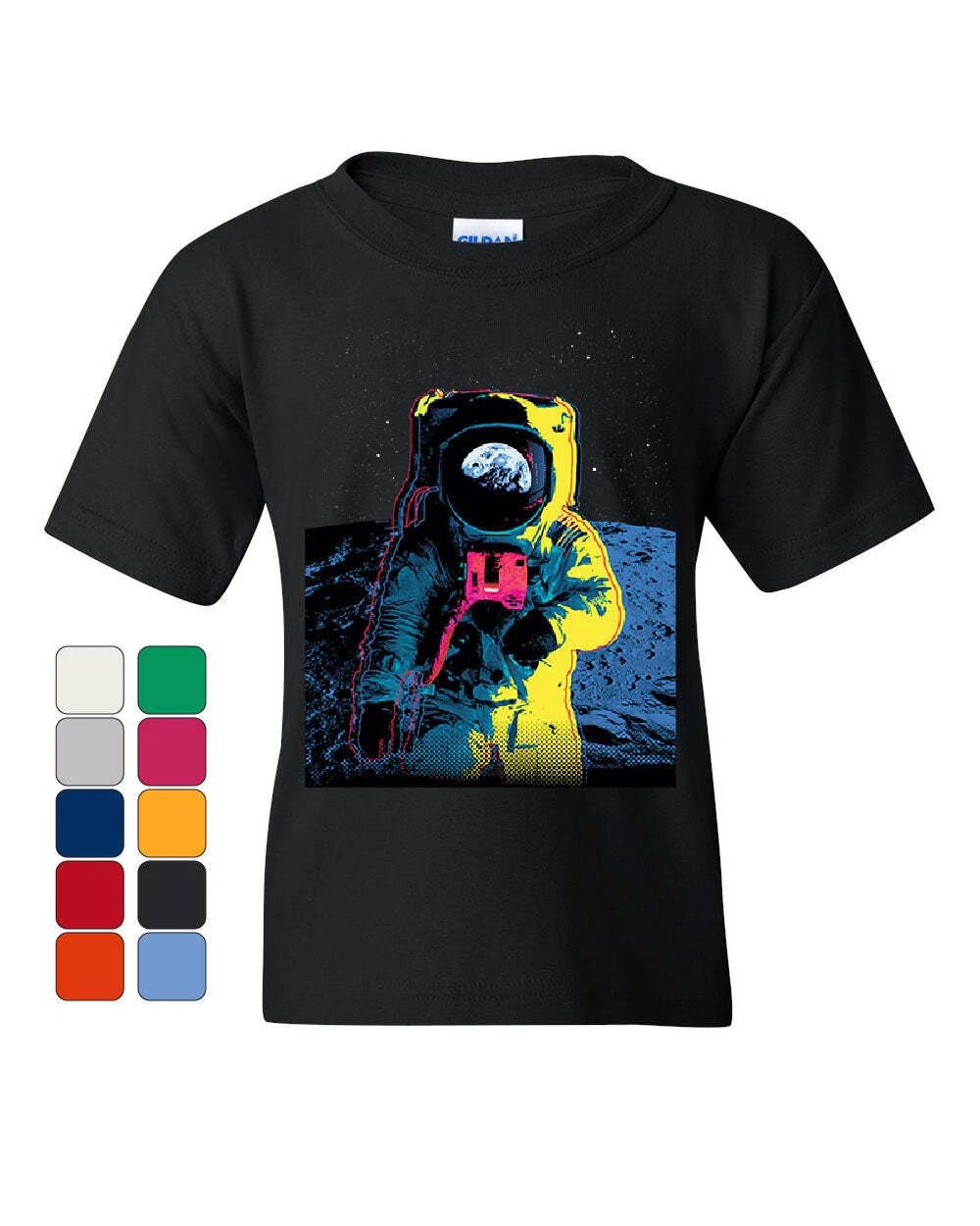 

Neon Astronaut Youth kids boys T-Shirt Moon Landing Space Travel Universe Earth Kids Tee 140