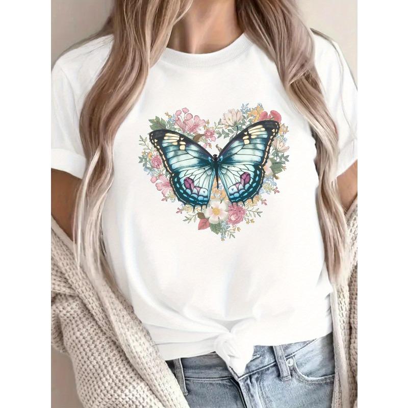 Butterfly Print Crew Neck T-shirt, Casual Short Sleeve Top For Spring & Summer, Women's Clothing