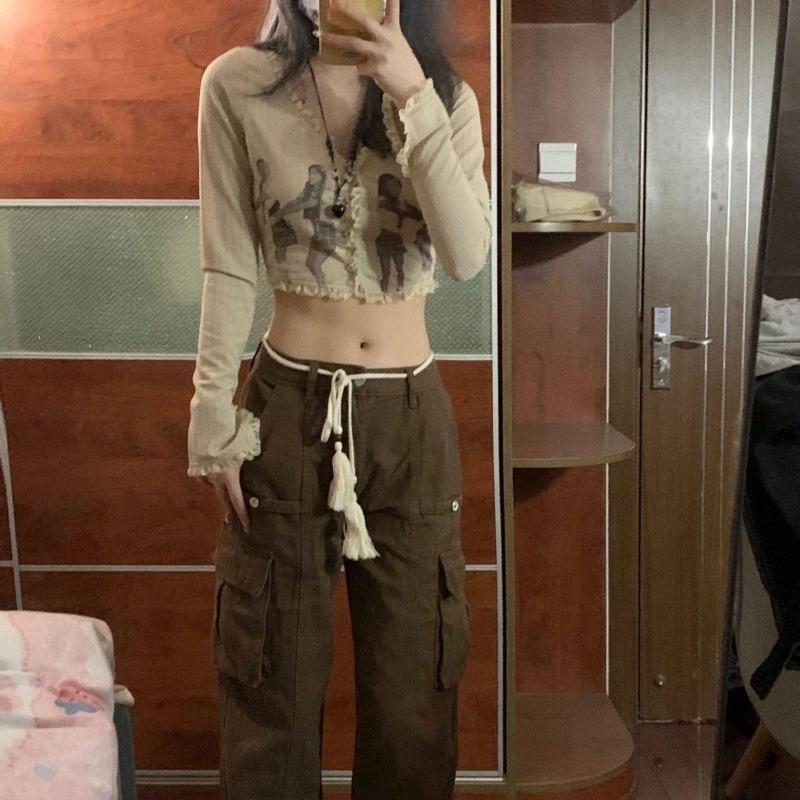 2KWEIRD Y2k Clothes Retro Campus Style Print Slim Long-Sleeved Summer Design Lace Short Cardigan Top Grunge Clothes Ropa Mujer
