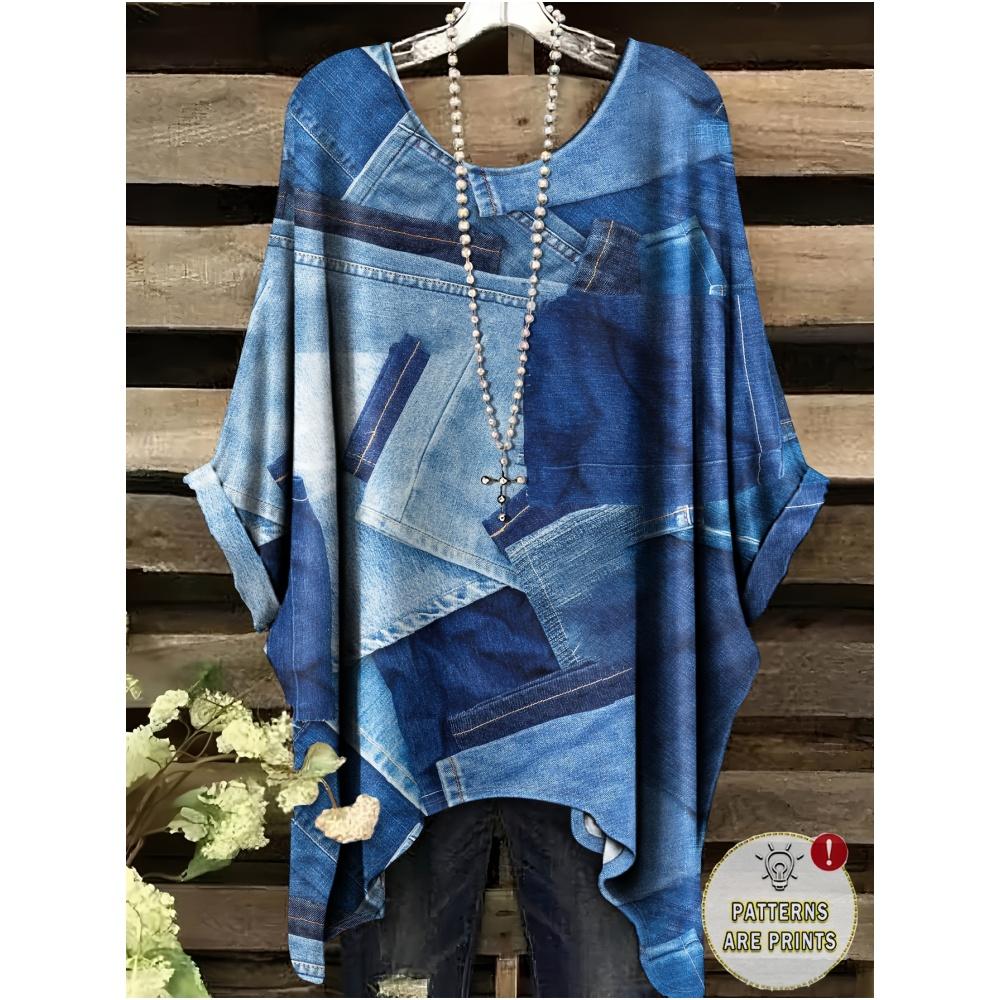 

T-Shirts Women Fashion Fake Denim Print Elegant Splicing Graphic O-Neck Medium Stretch Four Seasons Short Sleeve Woman Clothes 1XL