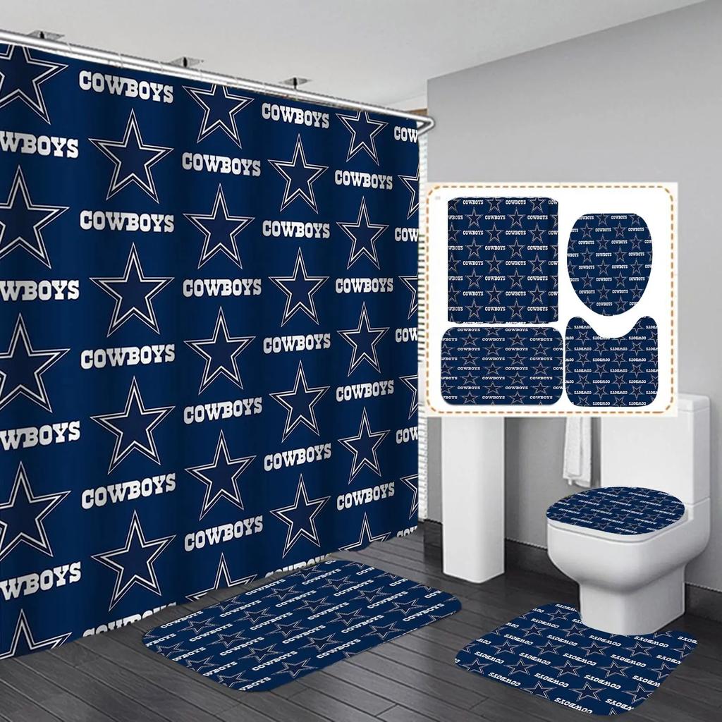 White Navy Blue American Football Shower Curtain Set,Modern Texas Star Rugby Athlete Helmet Sports Bathroom Set Non-Slip Mat Rug