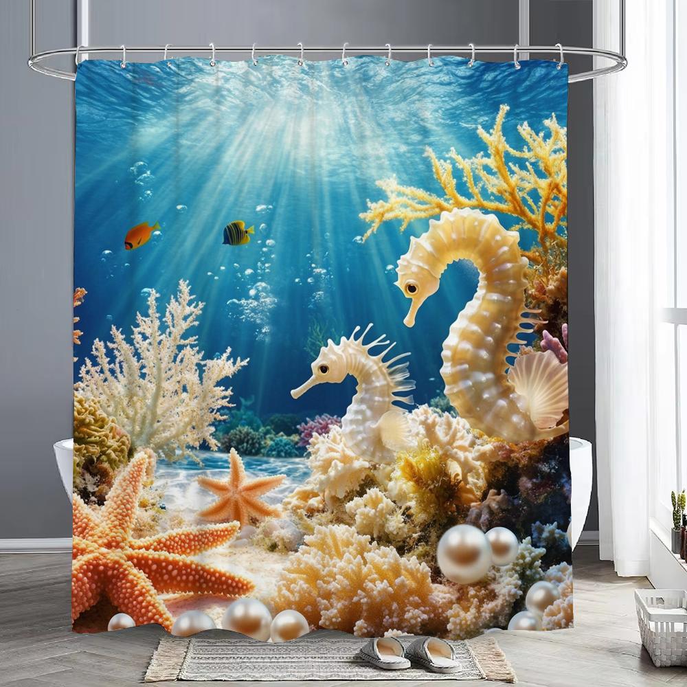 Ocean Animals Shower Curtains,Dolphin Sea Turtle Fish Coral Underwater Cave Scenery Fabric Children Bath Curtain Bathroom Decor