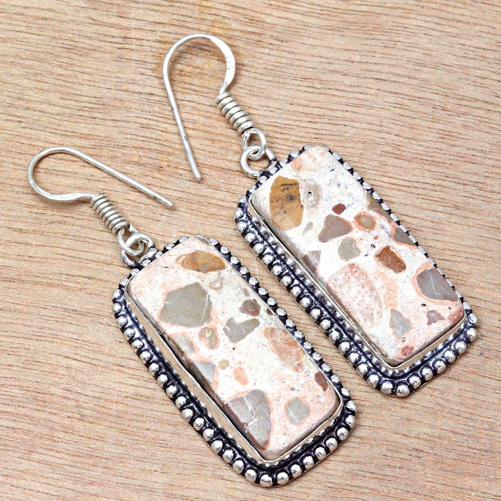 Jaspe Œil d'Oiseau Pierre Précieuse Fait Main Bijoux en Argent Boucles d'Oreilles 1,5''