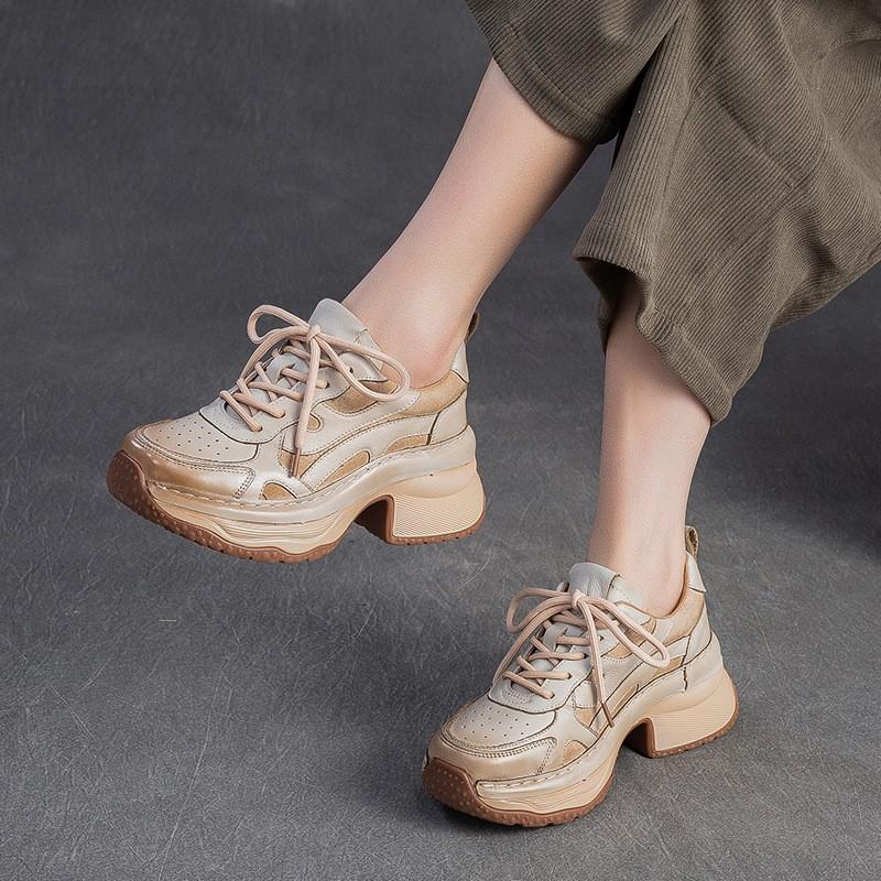 Johnature Casual Thick Heel Lace-up High Heel Pumps Versatile Comfortable And Lightweight Women's Shoes