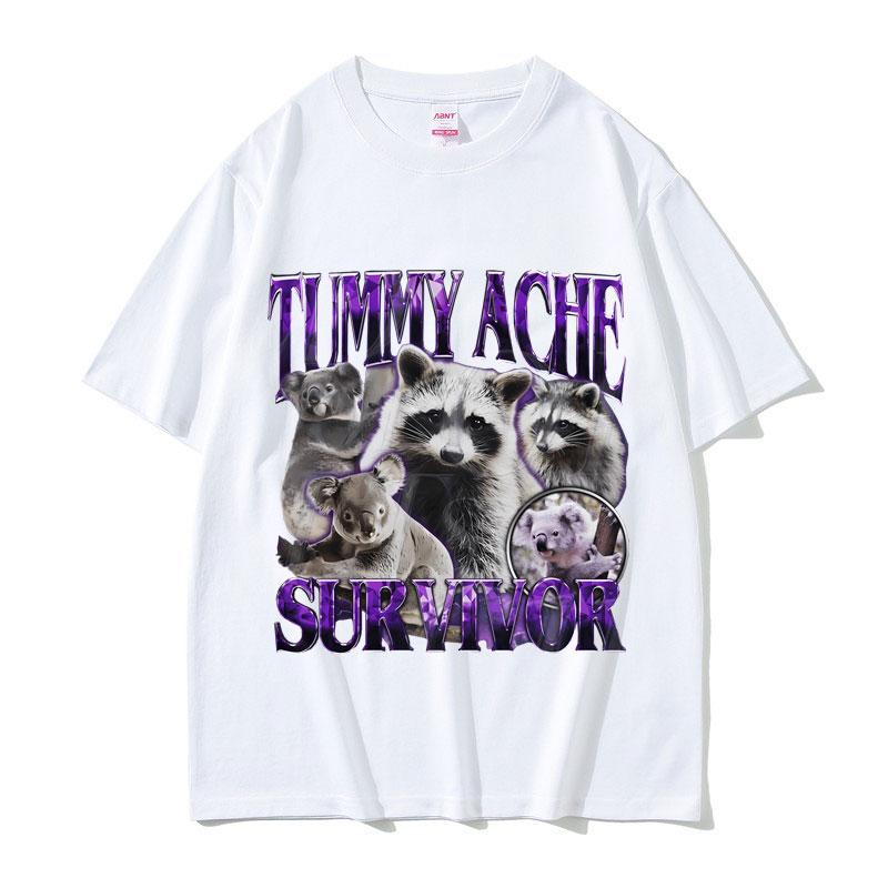 Tummy Ache Survivor Vintage Raccoon Funny Meme Tshirt Unisex Women Casual Cotton Oversized Streetwear Unisex Vintage Short Sleeve