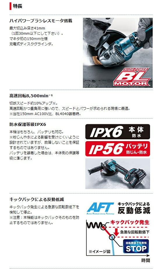 Makita GA034GZ 150mm Rechargeable Disc 40Vmax and Case Sold Grinder, (Battery, Charger, Separately)