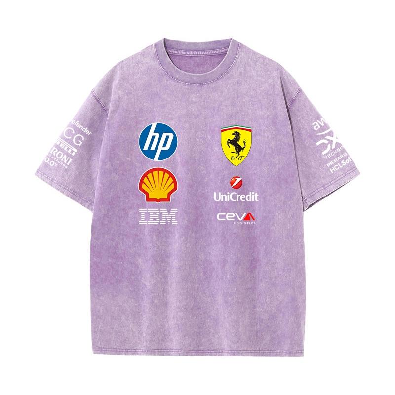 Vintage Washed Black Ferrari F1 Racing T Shirt Oversized Short Sleeve Tee Retro Motorsport Sponsor Logo Print Casual Streetwear Loose Top