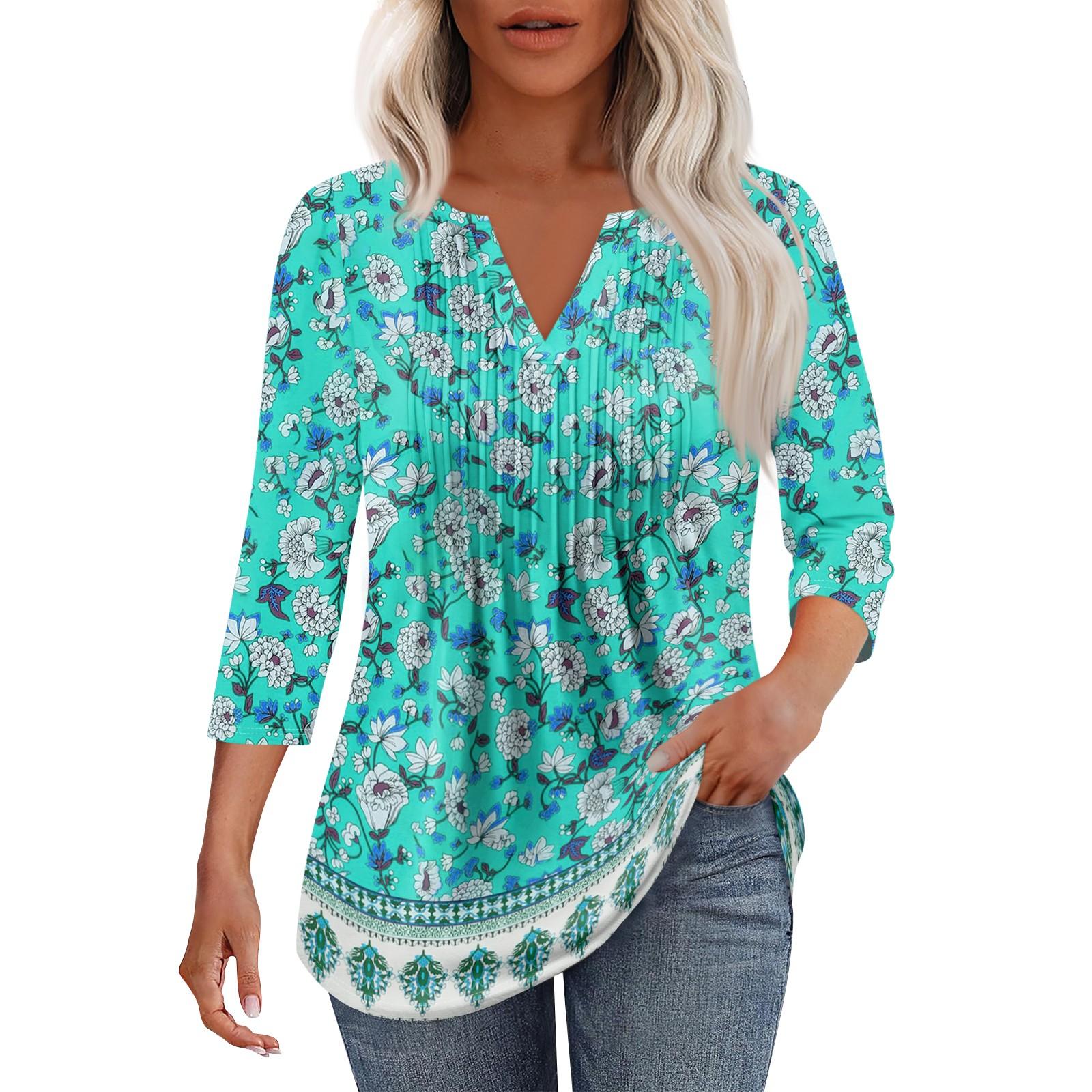 

Жіноча модна повсякденна плісирована однотонна футболка з V-подібним вирізом і рукавами сім чвертей XL