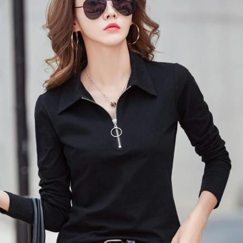 Women's Polo Collar Tees Half-Zip T-Shirts Long-Sleeve Top