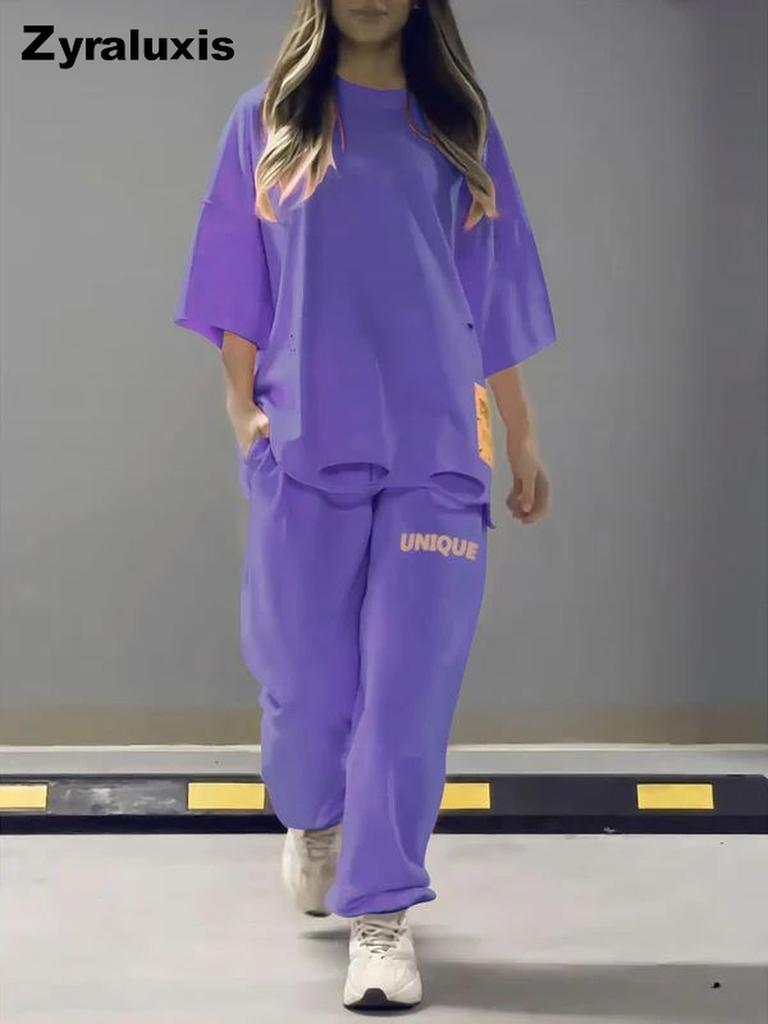 Summer Women's Loose Hollow Crew Neck T-Shirt Top Pants Set Two Piece Outfit