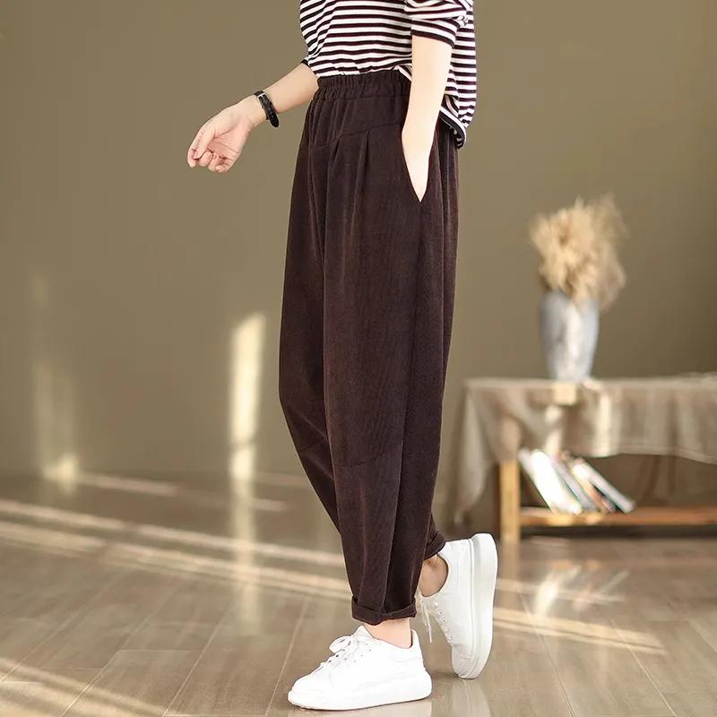 

Осень Зима Новая Мода Эластичная Талия Однотонная Женская Одежда Карманы Свободные Повседневные Простота Тренд Молодежные Утепленные Штаны Харен 4XL 4XL кофейный