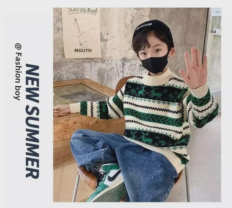 Boys' Thick Knitted Pullover Sweater, Half-High Neck, Autumn/Winter 2023 Collection