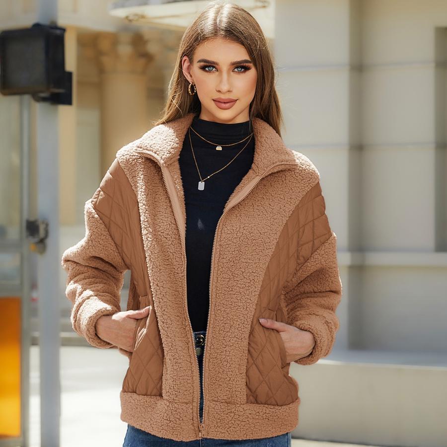 

Shimmer Fleece Women s Autumn Winter New Fashion Long Sleeve Open Coat Zippered Plush Patchwork Women s Jacket M