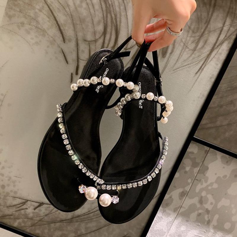 Fashion 2025 New Summer Crystal Band Flat Sandals Women/girl's Clip Toe Pearl Rivets Gladiator Sandalias Mujer Jandal Summer Shoes Woman