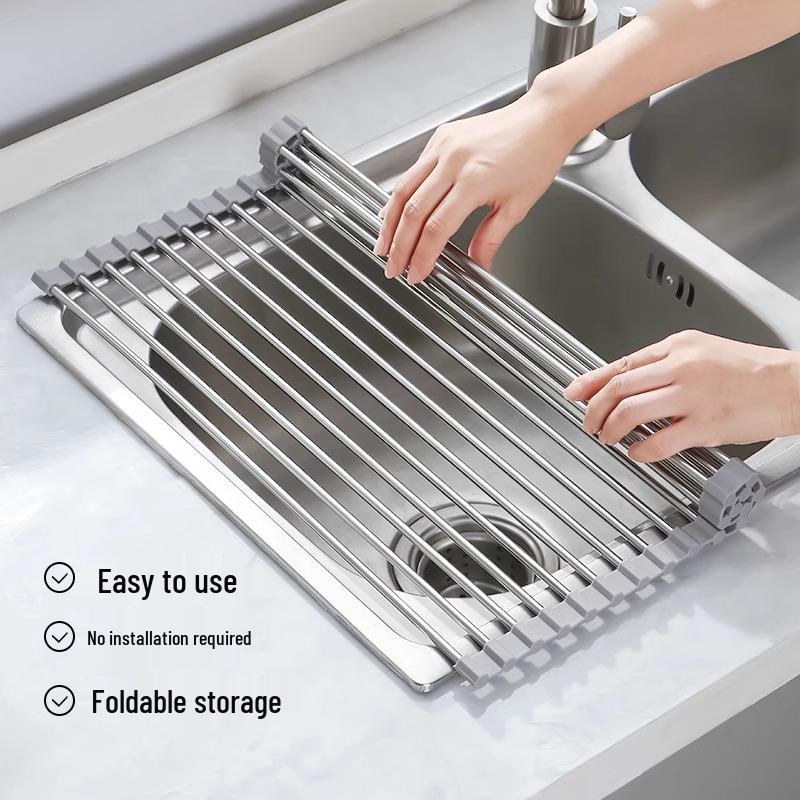 Foldable Stainless Steel Dish Rack with Draining Curtain, Multi-functional Kitchen Sink Storage for Bowls, Plates, Vegetables, and Fruits.