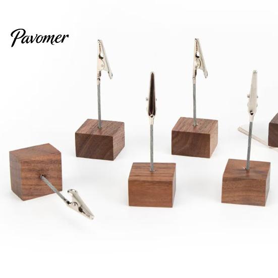 Compact Note Holder Wooden Cube Memo Clip Stand, Display Solid Wood Square Base Receipt Card Holder, Vertical for Wedding Party or Office Table