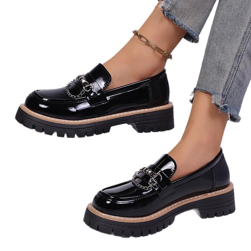 New Retro and Versatile Women's Single-shoe Shoes, Round-toed Metal Buckle Thick-soled Large-sized Loafers