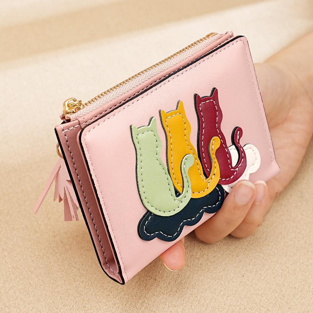 Women’s Cute Cat Pattern Short Wallet PU Leather Bifold Wallet Zipper Coin Purse Card Holder Tassel Mini Wallet for Girls and Ladies