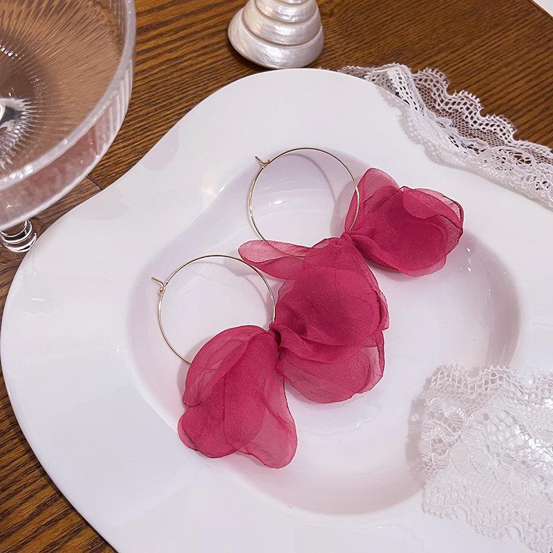 Pink Lace Floral Tassel Pearl Earrings - Elegant Summer Mesh Design