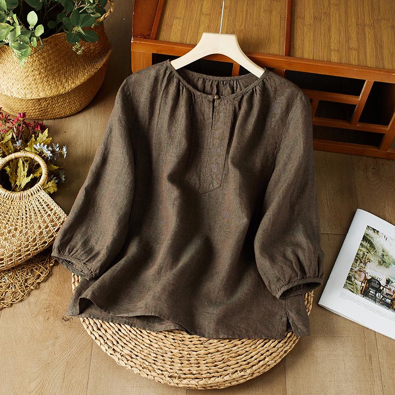 2026 Summer Artistic Retro V-neck Loose Seven-Sleeve Top XXL