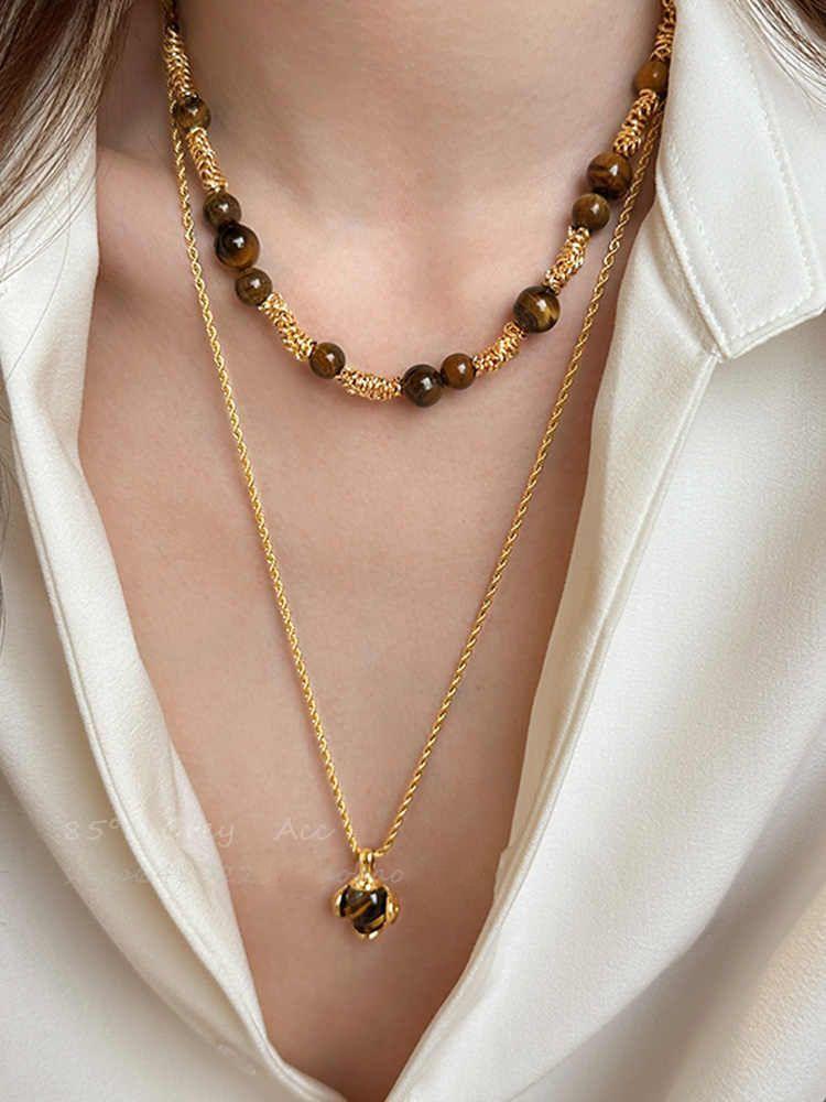 Retro Temperament Maillard Tiger's Eye Stone Pendant Necklace Women's Autumn and Winter Temperament Long Sweater Chain High-end Neck Chain