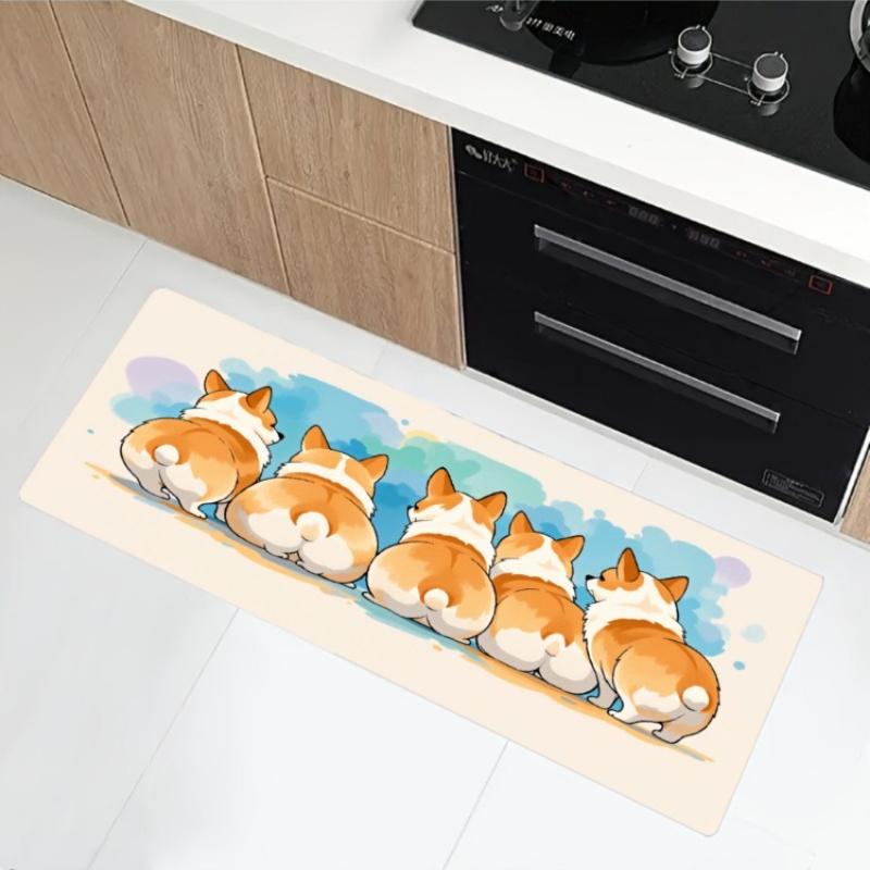 Cute Corgi Butt Print Kitchen Mat, Non-Slip Soft Absorbent Long Floor Rug with Cartoon Dog for Pet Lovers Home Decor