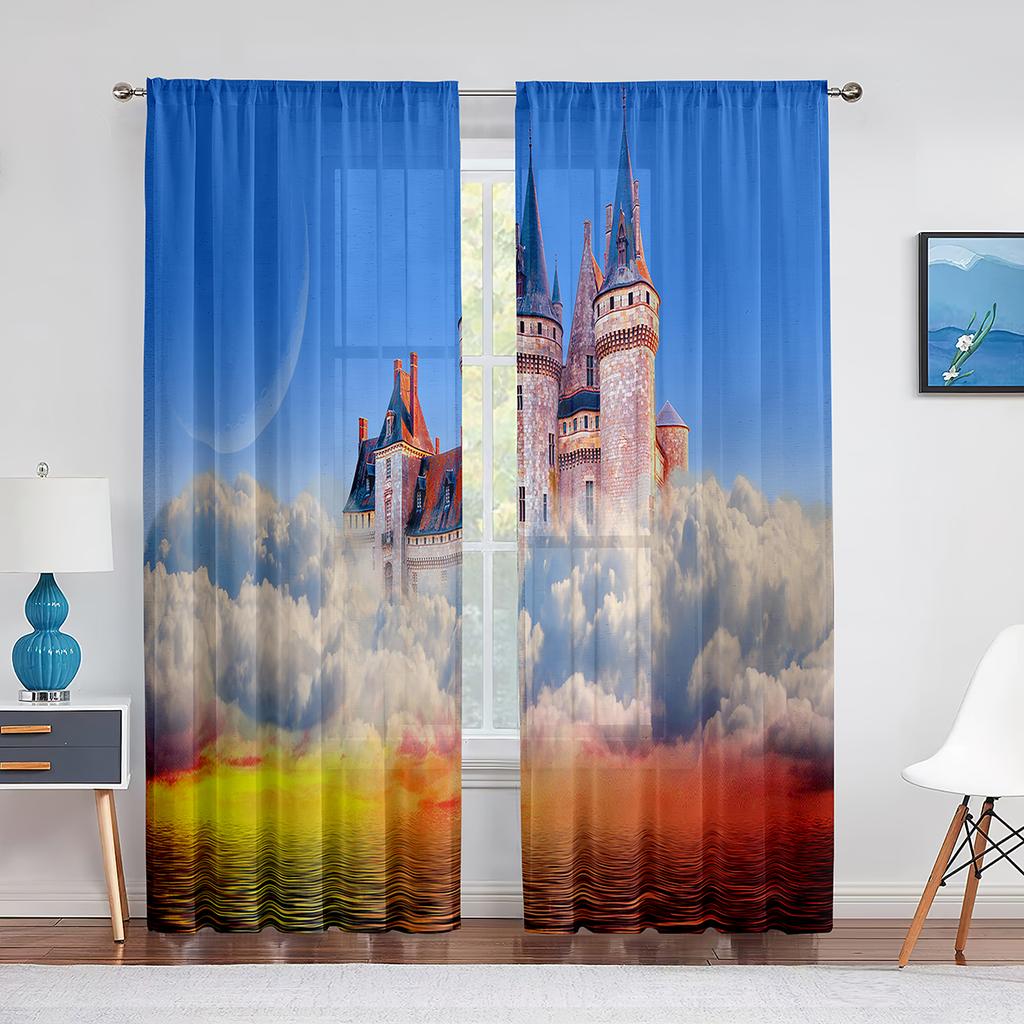 Růžový pohádkový hrad v oblacích Průsvitné závěsy do obývacího pokoje Voálový závěs Dětská ložnice Tylové závěsy Okenní závěsy Dekor