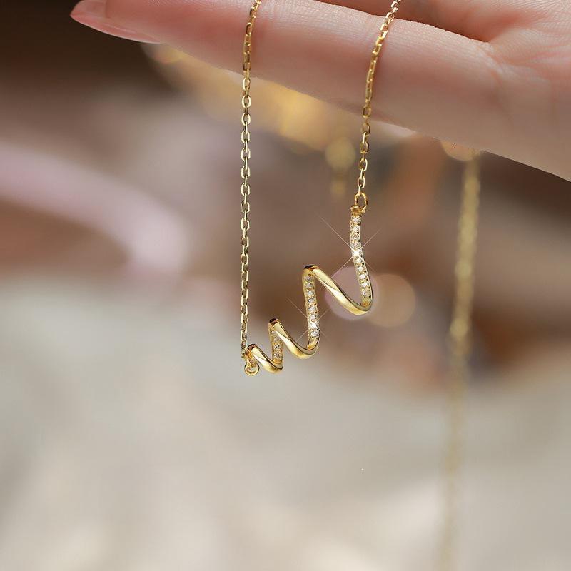 Ripple S925 Sterling Silver 14K Gold-Plated Zircon Pendant Necklace - Luxury Gift for Girlfriend or Best Friend
