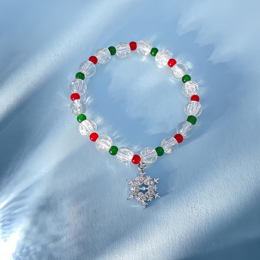 Snowflake & Christmas Tree Beaded Bracelet Set with Cartoon Pendants - Festive Alloy Accessories Gift