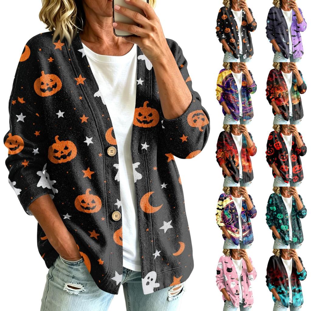 Women's Casual Long Sleeve Jacket with Halloween Print for Party Costume and Everyday Wear