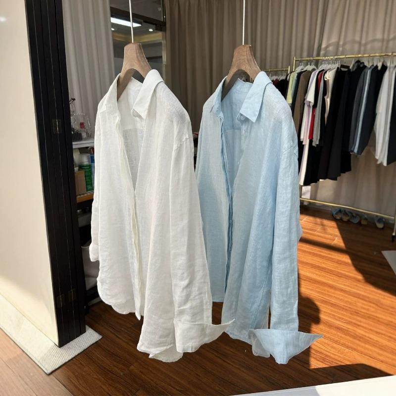 Womens French Style Loose Solid Linen Long Sleeve Thin Casual Summer Shirt Top