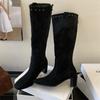 2025 new fashionable thick heel high boots but knee thin boots French square head rivet hole long boots high heel boots