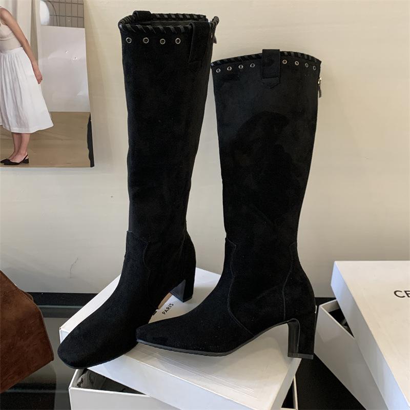 2025 new fashionable thick heel high boots but knee thin boots French square head rivet hole long boots high heel boots