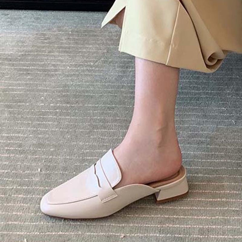 Mulheres de verão mulas deslizam em mocassins baixos fechados bico quadrado mocassins moda confortável couro pu sem costas mulas sapatos casuais slides