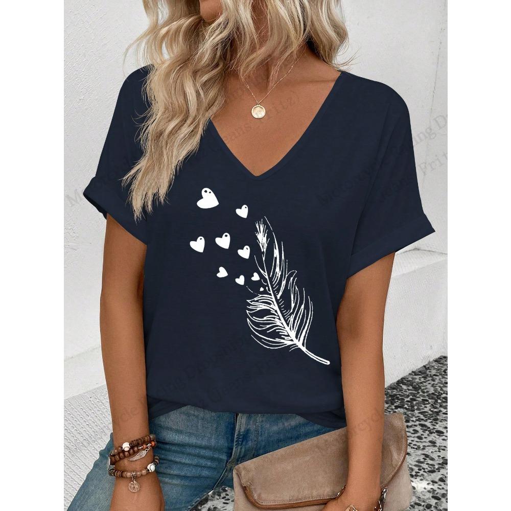 

2025 New Womens T-shirt Simple Feather 3d Print T-shirt Women Fashion Casual V-Neck Short Sleeve Tops Tees Womens Clothes Heart S