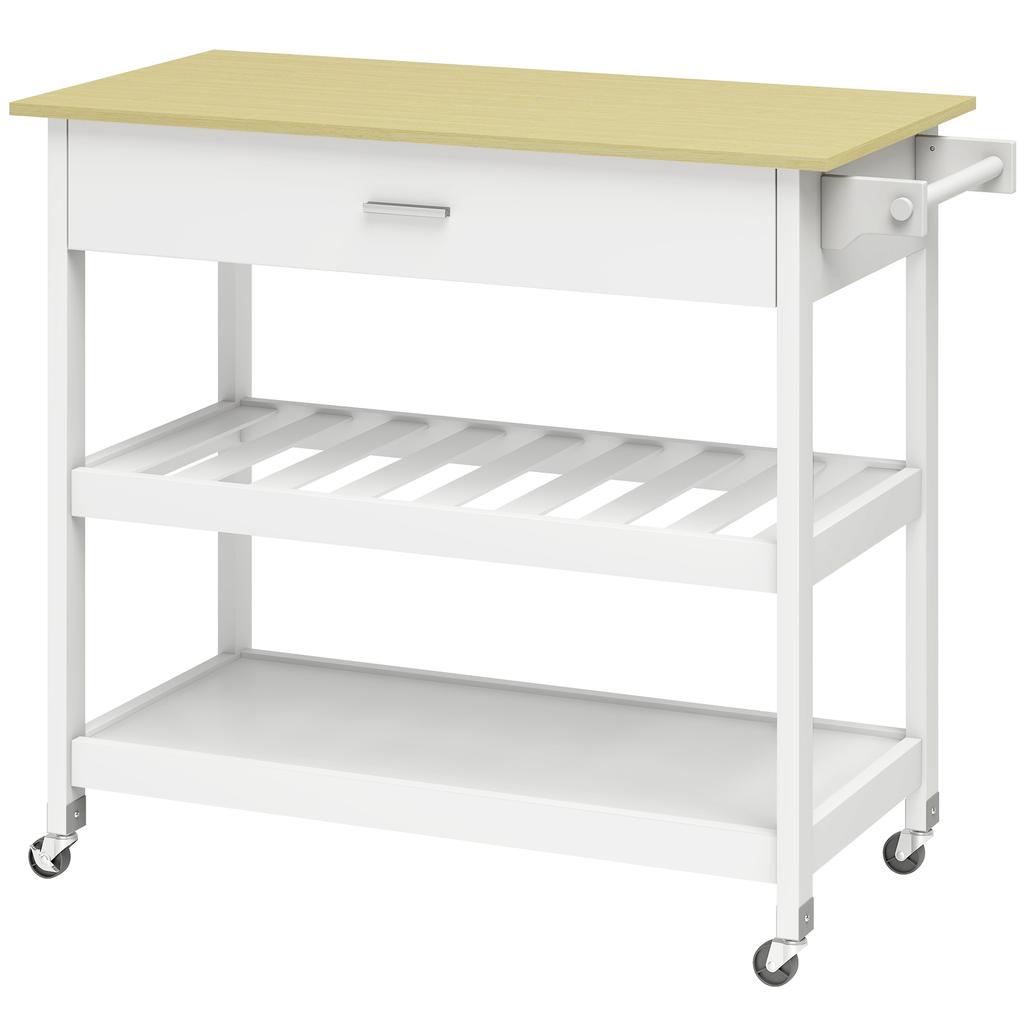 Kitchen Trolley on Wheels, Worktop, Drawer, Shelves, Towel Rack, White