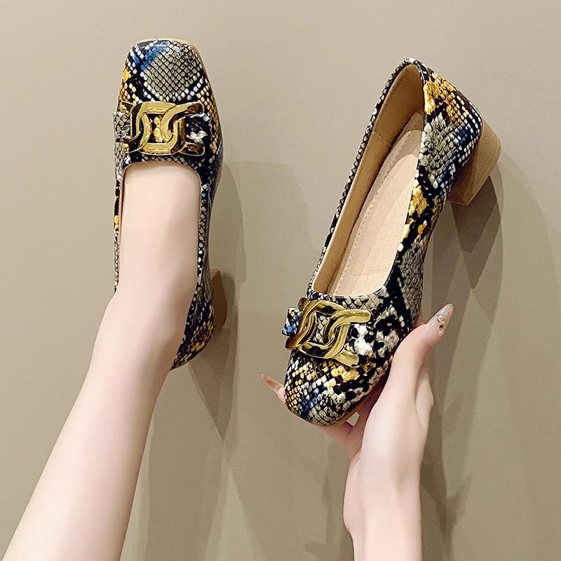 Fashion 2025 Summer Women's Snake Print Square Toe Slip-On Women's High Heels Metal Decoration Fashion Pumps for Office Plus Size Shoes