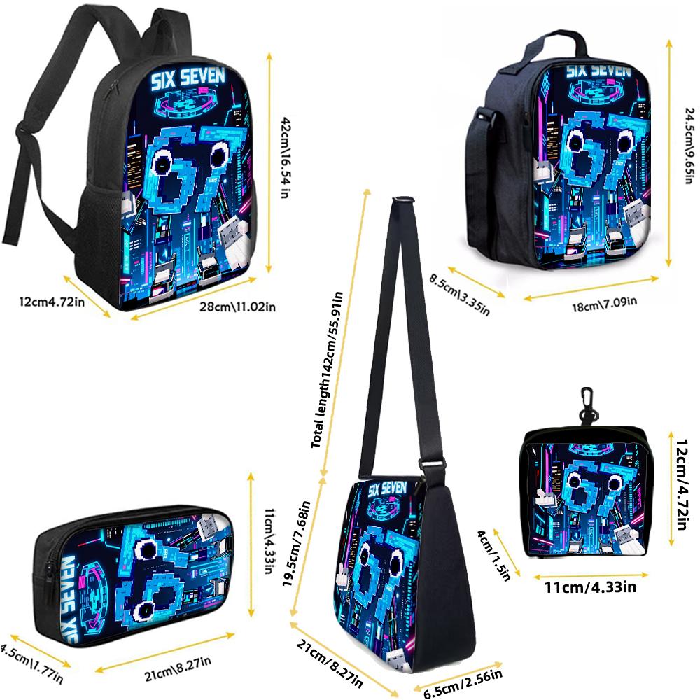 1/2/3/4/5pcs Cartoon Number 67 Print Backpack Set Lightweight Daily Large Capacity School Bag Travel Bag Children Perfect Gift