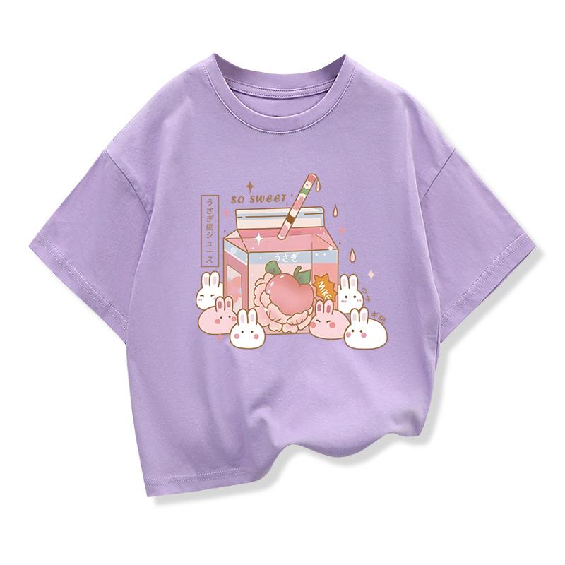 Girls Loose Strawberry Milk Shake Casual T-shirt Kids Short-Sleeve Cartoon Graphic Pink Summer Kids Clothing Tops Tee