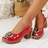 Women's Patent Peep-Toe Block Heels Slingback Sandals with Gold Buckle Detail Comfort Sole