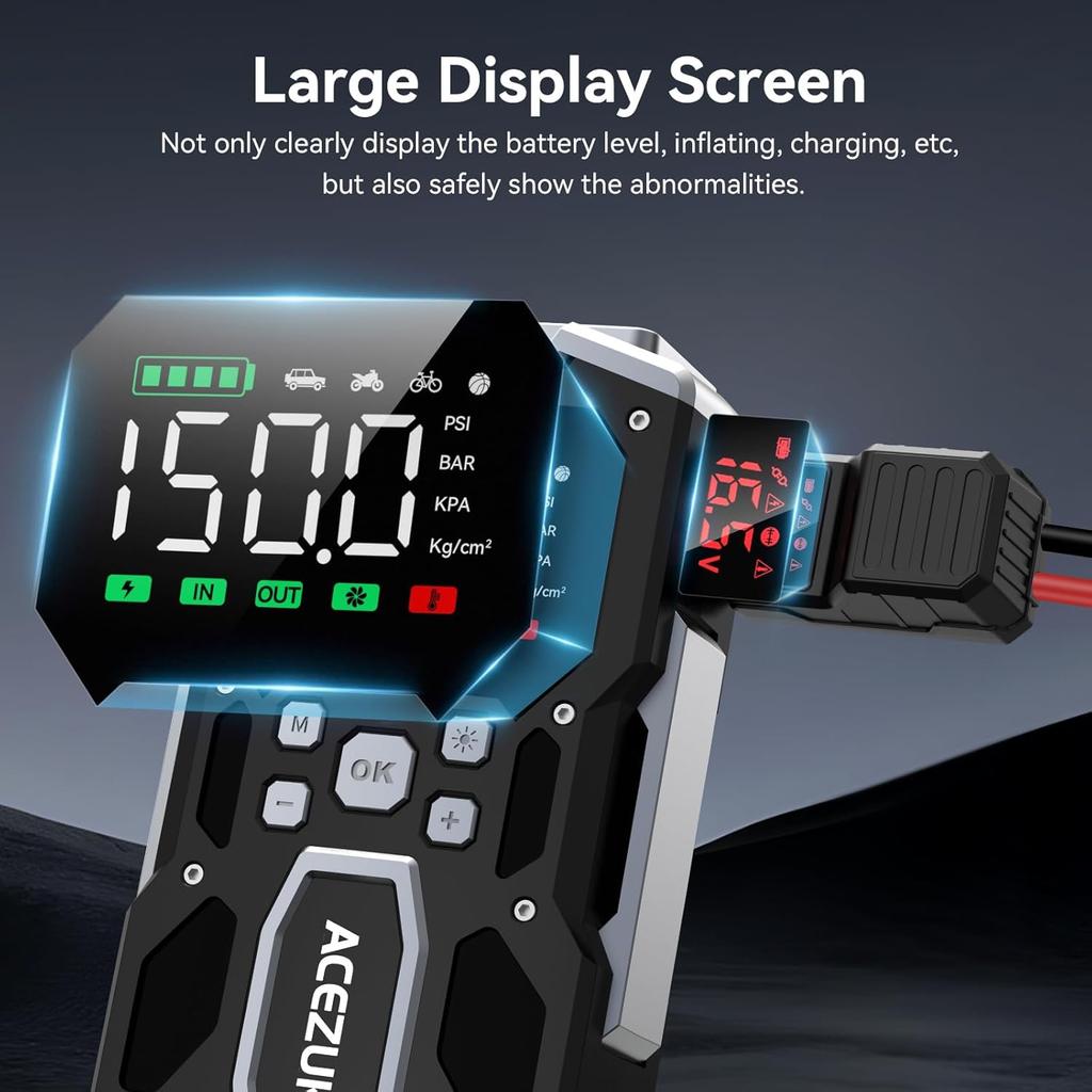 Portable Car Jump Starter 150PSI Air Compressor 8000A 12V with LCD Display & Lights