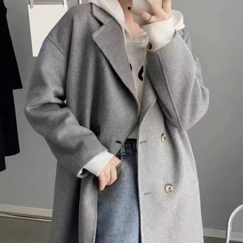 Women Winter Overcoat Double-breasted Turn-down Collar Long Sleeves Buttons Loose Cardigan Mid Length Outdoor Woolen Coat