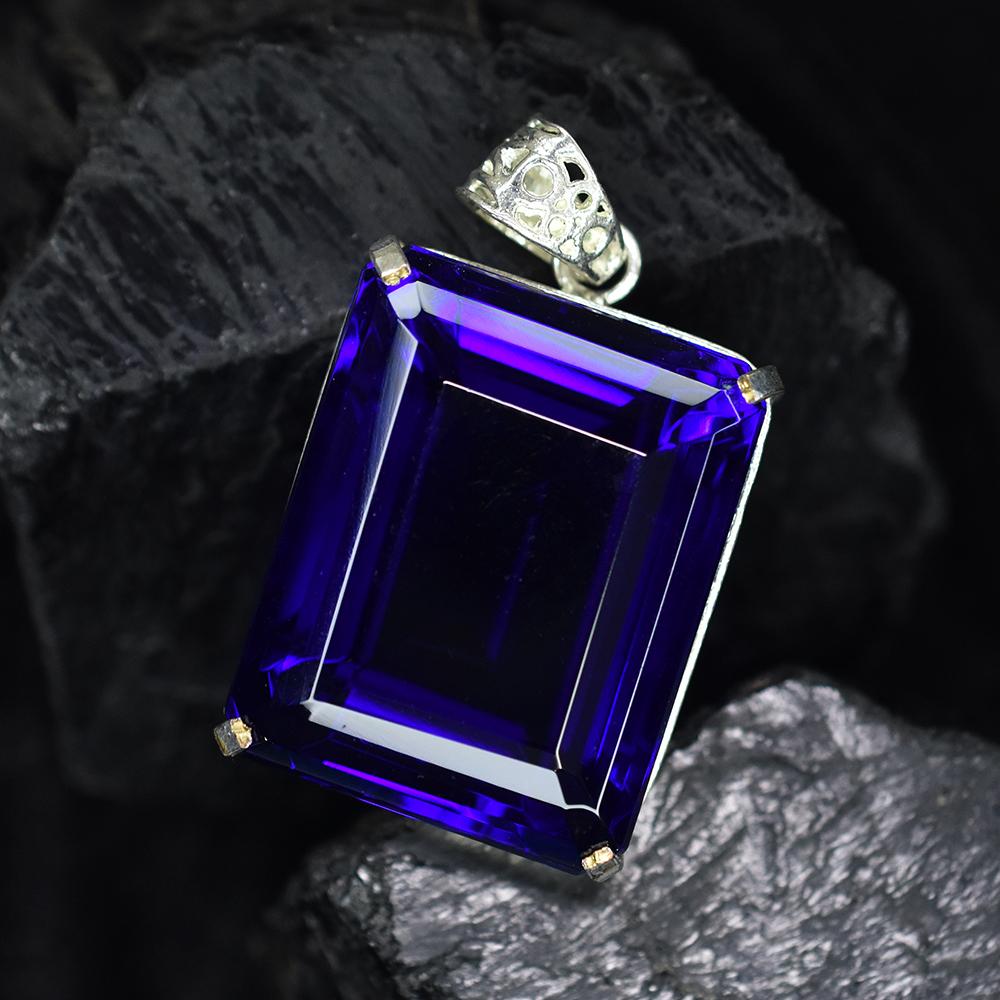 Lab Created 161 Ct CERTIFIED Emerald 925 Sterling Silver Blue Sapphire Pendant MY-PD-143-NS