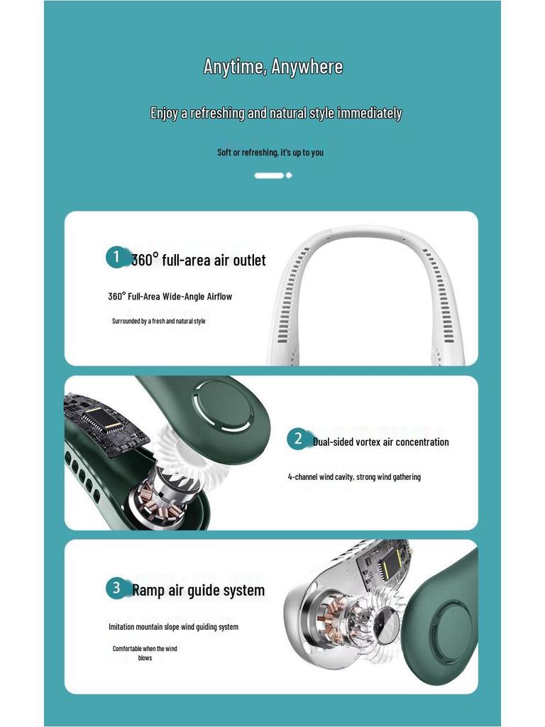 Douyin Popular USB Rechargeable Neck-Hanging Fan - Portable, Silent, Leafless Design for Outdoor Use.