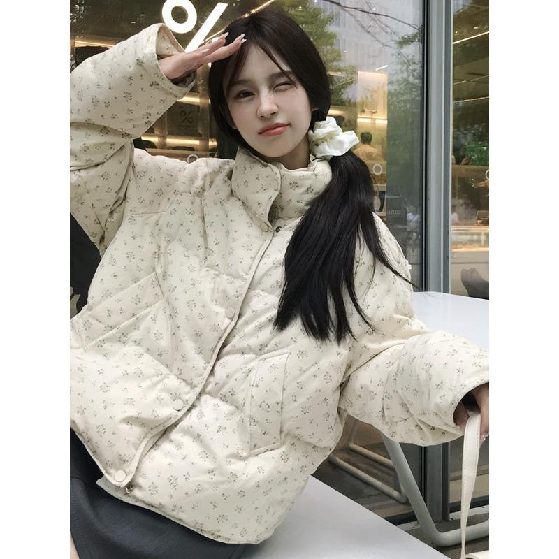Fresh small floral short down cotton clothes for women's winter new college style thickened warm cotton-padded jacket