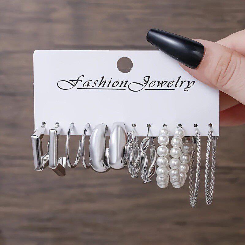 New Arrival Stylish Silver Earrings Suit Fashion Inlaid Pearl Earrings Circle Simple Cold Style Ear Ring