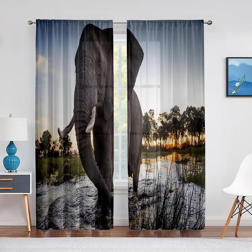Afrikanischer Wildtier-Elefant und Nashorn-Tüllvorhänge für Wohnzimmerdekorationen, Chiffon, durchsichtiger Voile, Vorhang für Küche und Schlafzimmer