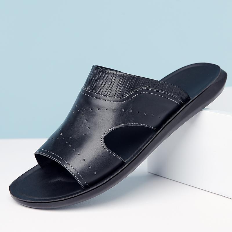 

Fashion Men s Luxury Leather Slippers Non-Slip Sole Comfortable Open-Toe Slide Sandals Home Hotel Slipper Lightweight Summer Slippers 38 чёрный