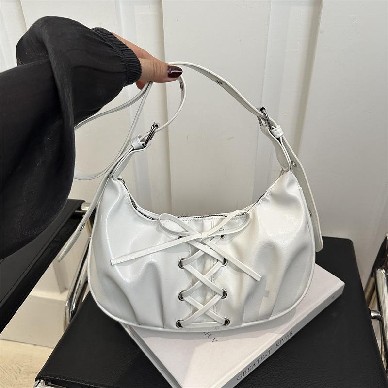 Lace‑Up Faux Leather Hobo Shoulder Bag, Ruched Crescent Underarm Purse, Detachable Adjustable Strap, Y2K Style, Fashion Daily Women Handbag