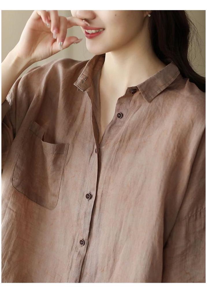 2026 Spring Women's Retro Cotton Linen Dark Pattern Mid-Length Cardigan Shirt